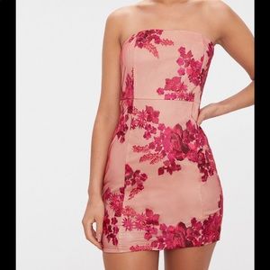 Fuchsia Bandeau Embroidered Lace Bodycon Dress